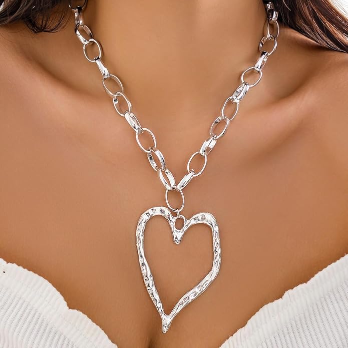 Chunky Gold Necklace Big Heart Necklace for Women Silver Large Statement Necklaces Thick Bold Chain Puffy Love Heart Charm Necklaces for Women with OT Toggle Silver Chunky Gold Jewelry Trendy Valentine's Day Gift