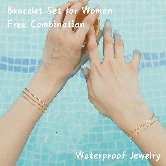 Silver and Gold Bracelets for Women Non Tarnish Waterproof Gold bracelet stack set, Adjustable 6.5"+2" Extender, Layered Bracelets for Women，Exquisite Jewelry Gift