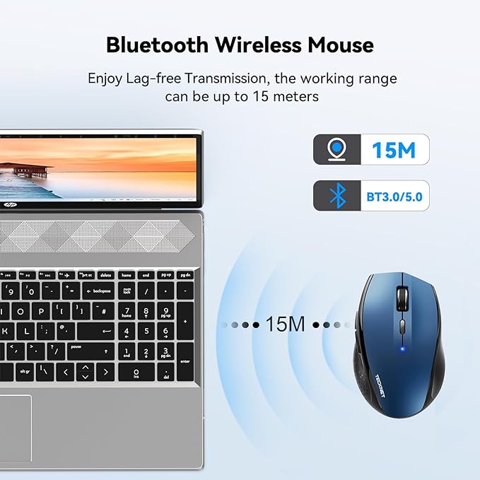 TECKNET Bluetooth Mouse, 4800 DPI Wireless Mouse, 2-Year Battery 6 Adjustable DPI, 6 Buttons Compatible with Laptop/Windows/Computer - Blue