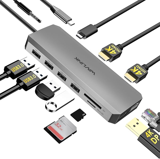 WAVLINK USB C Docking Station Dual Monitor, USB-C Hub Laptop Triple Display with 2 HDMI,DisplayPort, 100W PD Charging, Ethernet, 5 USB, SD/TF Read, Audio for MacBook Dell HP Lenovo Surface, Grey