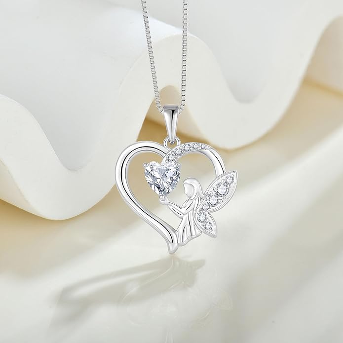 Guardian Angel Necklace 925 Sterling Silver Heart Angel Wings Pendant Birthstone Jewelry for Women