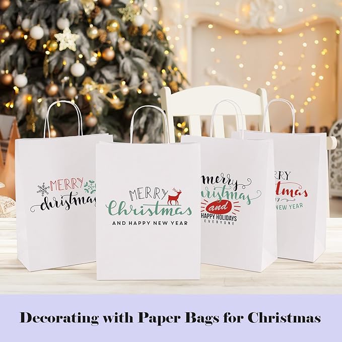 GSSUSA White Kraft Paper Gift Bag with Handles, 10x5x13 Bulk Shopping Grocery Paper Bags 300 Pcs