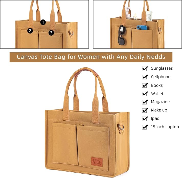 Canvas Tote Bag for Women, Large Laptop Travel Tote Handbag Totes with Crossbody Shoulder Teachers Reusable Grocery Bags