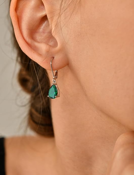 YL 925 Sterling Silver Teardrop Dangle Drop Earrings for Women 7x10 MM Solitaire Birthstone Leverback Jewelry