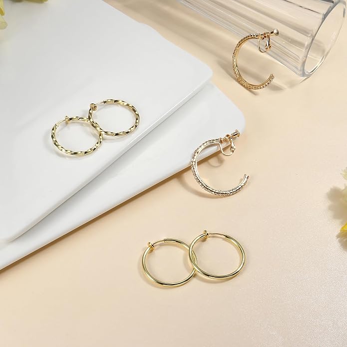 Clip On Hoop Earrings for Women Non Pierced Ears,Gold Clip On Earrings Non Piercing Big Stainless Steel Fake Hoops Lightweight 30-60mm