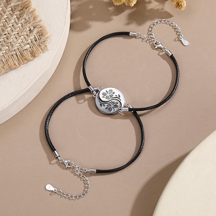 Yin Yang Bracelet 925 Sterling Silver Couple Friendship Bracelets Tree of Life/Sun Moon/Mountain/Lotus Abalone Jewelry for Women Men Couples, Leather Cord 7+2 in