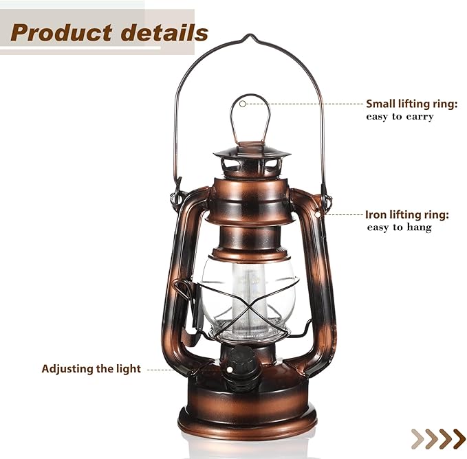 Hortsun 4 Pcs 8 Inch Vintage LED Hurricane Lantern 12 Warm LEDs and Dimmer Switch Battery Operated Farmers Hanging Lantern for Halloween Christmas Indoor Outdoor Camping Usage Decor