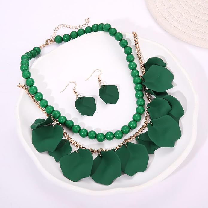 Flower Petal Necklace Earrings Set Layered Statement Beaded Jewelry Set for Women Summer Necklace Earrings