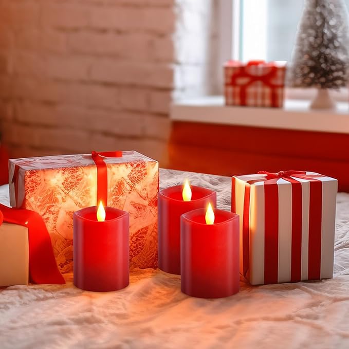 3x4 Flickering Flameless Candles Set of 3,Real Wax Pillar led Candles Flickering,4 inch Flameless Candles with Remote,for Party Wedding Holiday Home Decor,Red