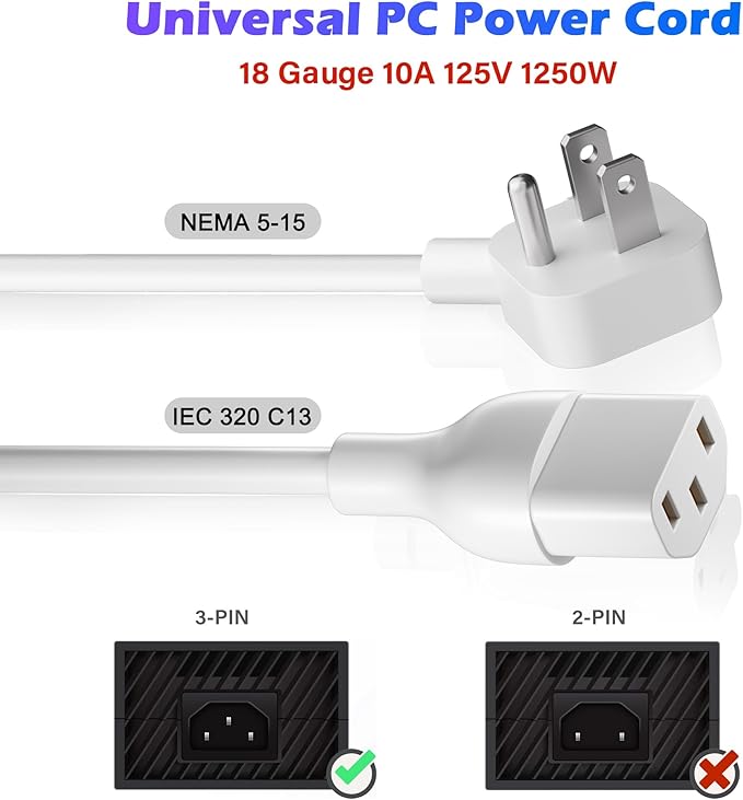 Adoreen 4 Ft Computer TV Replacement Power Cord White, Low Profile Flat Plug 18AWG 3-Prong AC Universal Power Supply Cable NEMA 5-15P to IEC 320 C13 for Printer, PC, Monitor TV LCD, ETL+Ties