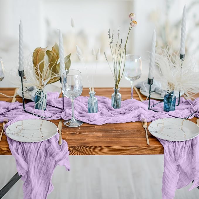 Cheesecloth Table Runner 3 Pack – 35x120 Inch (10ft) Boho Rustic Gauze Cloth Runners – Crinkle Polyester Table Decor for Wedding, Baby Shower, Bridal Shower, Birthday Party and More (Lilac Purple)