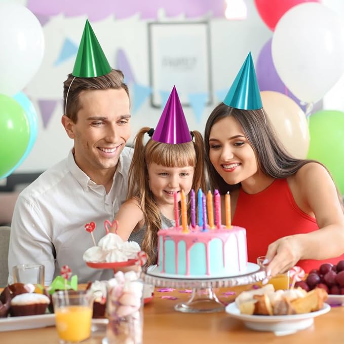 40/80 Pcs Metallic Cone Birthday Party Hats Bulk with Elastic String, 8 Colorful Celebration Headwear for Kids Adults