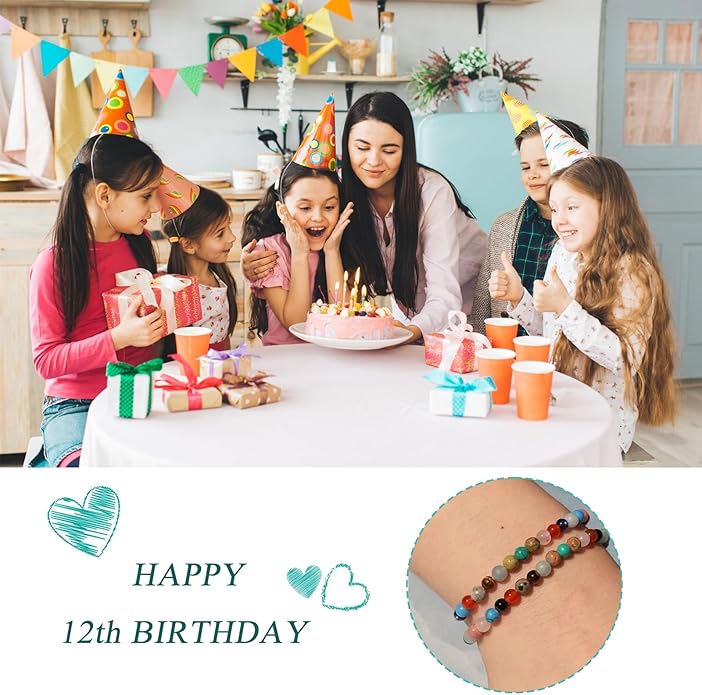 Birthday Gift for 9-16 Year Old, Small Natural Stone Beaded Bracelet Adjustable Heart Charm Bracelet for Daughter Granddaughter Sister Niece Friend on Birthday Graduation with Message Card Gift Box