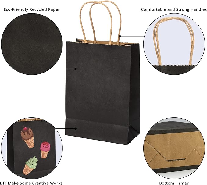 100 Pack 5.9x3.15x8.26 inch Small Gift Bags, Kraft Black Bags with Handles Bulk for Birthday Party Favors,Gift Paper Bags,Retail Shopping Business Goody Craft Gift Bags