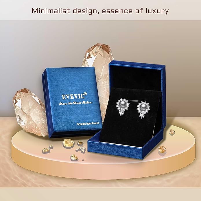 EVEVIC Austrian Crystal Pearl Clip On Earrings for Women Non Pierced Earings 14K Gold Plated Hypoallergenic Jewelry
