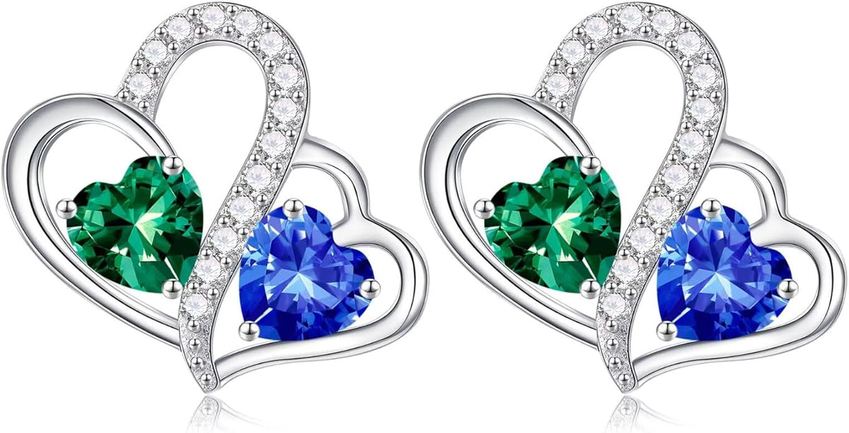 Iefil Valentines Day Gifts for Her - Birthstone Earrings Gift for Women, 925 Sterling Silver Double Heart Birthstone Earrings | Anniversary Birthday Gifts for Women, Personalized Jewelry for Wife Mom