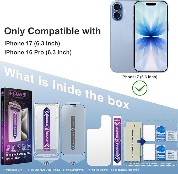 Matte Screen Protector for iPhone 17, iPhone 16 Pro 6.3-Inch, Auto Dust Removal, 9H Tempered Glass, Full Cover, Anti-Fingerprint, Easy Installation, 2 Pack