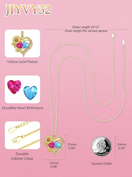Sunflower Heart Necklace for Women 14K Gold Exquisite Valentines Day Anniversary Birthday Gifts for Wife Mother Her Double Birthstone Pendant Jewelry‘You Are My Sunshine’