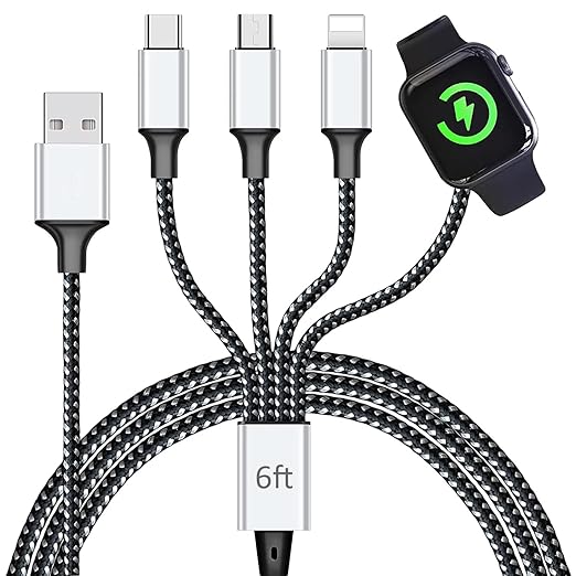 Multi Charging Cable for Apple Watch, Magnetic Wireless Charger, 4 in 1 Nylon Braided Cord for Multiple Devices, USB C/Micro Port/Compatible with iWatch Series 10-1/iPhone 16 15 14/iPad/Android - 6FT