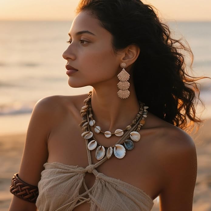 Raffia Dangle Earrings for Women - Boho Statement Rattan Drop Jewelry with Shell Design, Lightweight Summer Beach Trendy Accessories