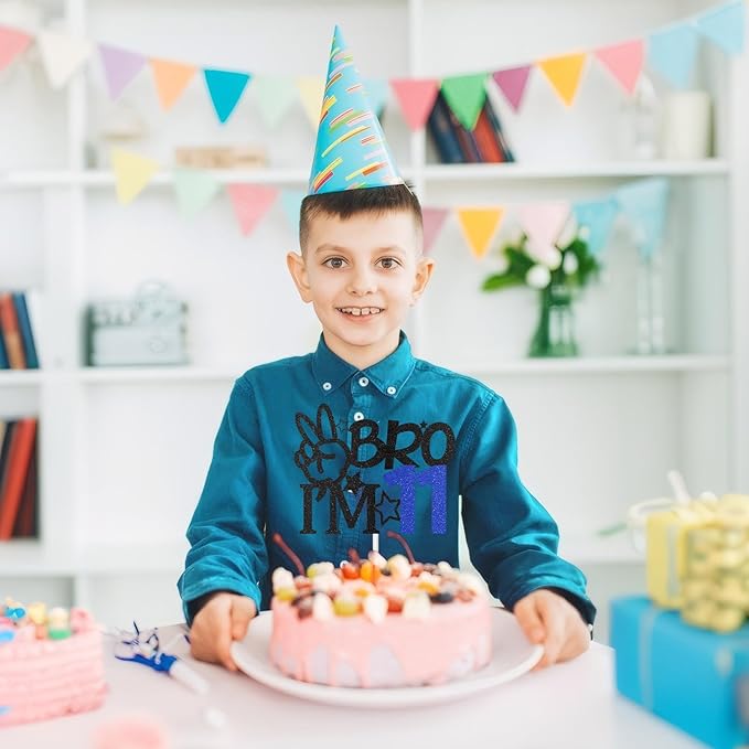 Bro I'm 11 Cake Topper, 11th Birthday Decorations for Boy, Glitter Funny 11th Birthday Cake Topper, Big Brother 11 Year Old Birthday Party Decoration Supplies