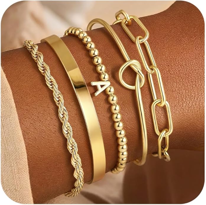 Turandoss Valentines Gifts for Her Girls, Dainty 5PCS 14K Gold Plated Initial A-Z Beaded Stretch Bracelet Chunky Gold Cuff Knot Twisted Rope Paperclip Bracelet Set Stack Jewelry Gifts for Women Girls