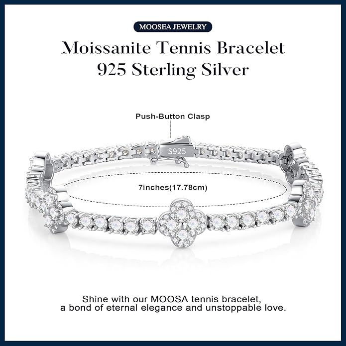 MOOSEA Valentines Day Gifts for Her - Clover Moissanite Tennis Bracelet, Lab Created Moissanite, 6.28-6.68 ct.tw, 925 Sterling Silver Tennis Bracelet for Women Anniversary Birthday Gifts 7.0-7.5INCH