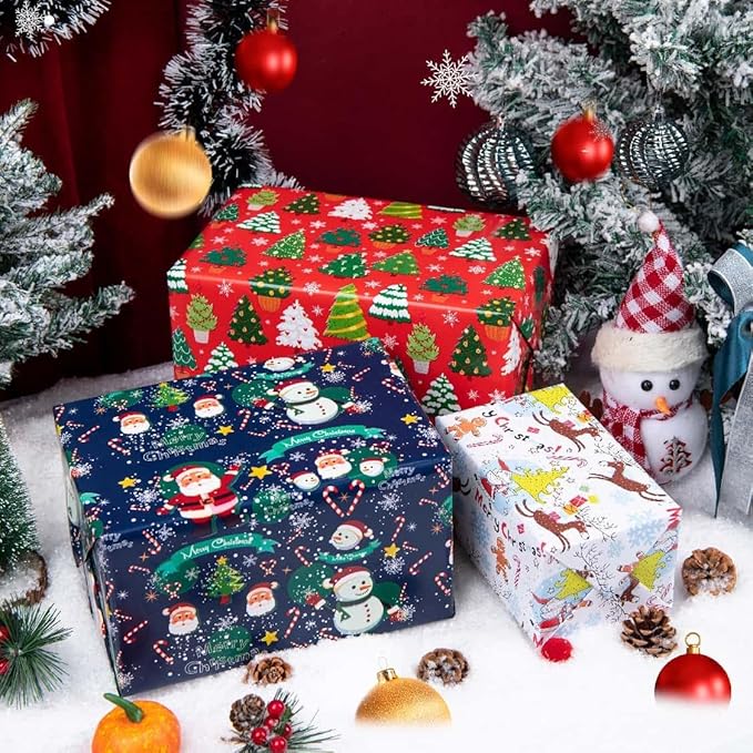 Linnoptimix Christmas Wrapping Paper Rolls -3 LARGE ROLL-27inch*78 inch per roll Colorful Foil Red White Blue wrapping paper(Christmas White/Red/Blue（005）)