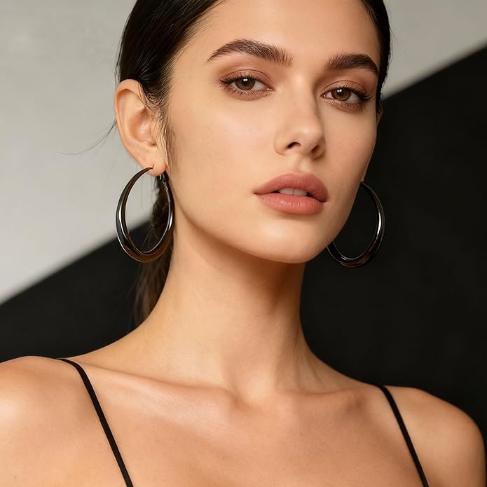EXGOX Sterling Silver Hoop Earrings - Hypoallergenic, Lightweight, Chunky, 14K Real Gold Plated, Big Large Hoops for Women