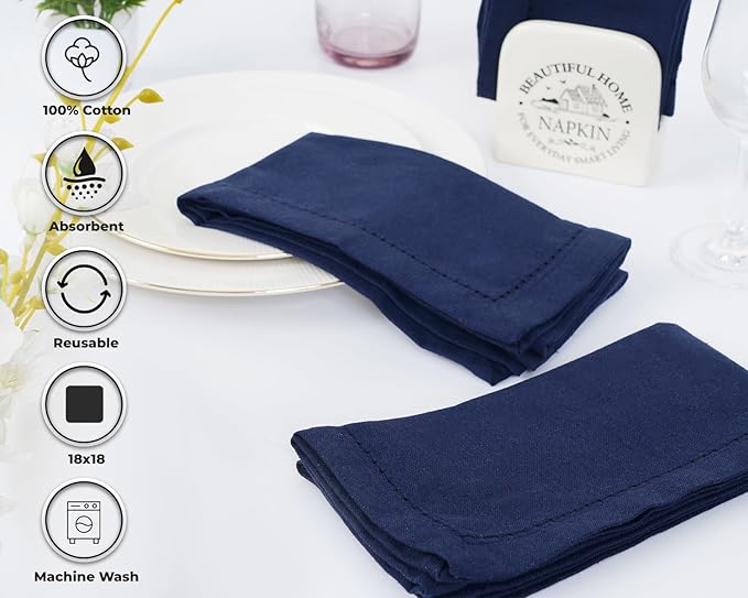 Blue Needles Navy Blue Hemstitch Linen Napkins Set of 12-100% Cotton Cloth Dinner Napkins 18x18 inches, Soft, Reusable, Absorbent, Washable Ideal for Fall Thanksgiving Events, Parties & Everyday Use