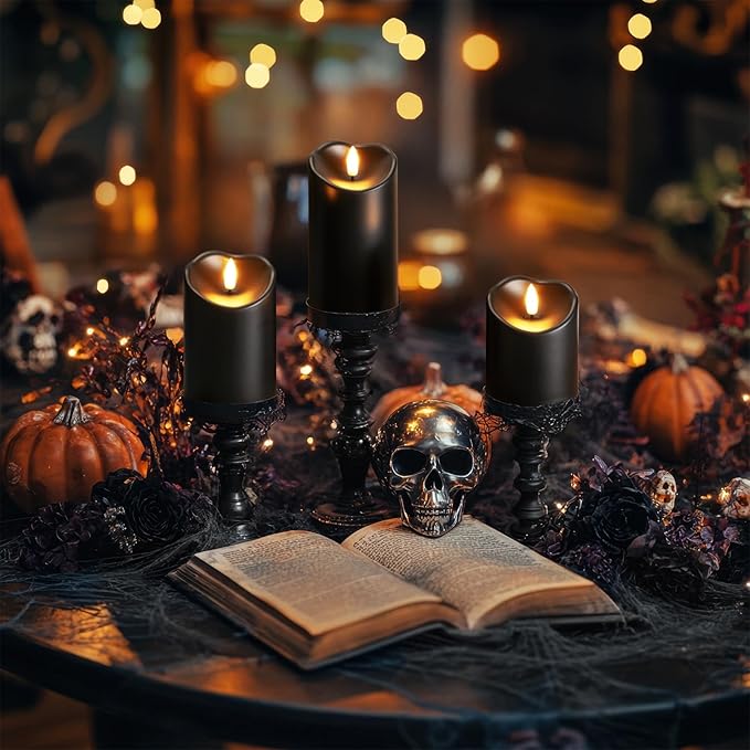 Homemory Black Flameless Candles, Halloween Candles Battery Operated with Remote and Timer, Flickering LED Pillar Candle for Theme Party, Holiday Decor, Set of 3