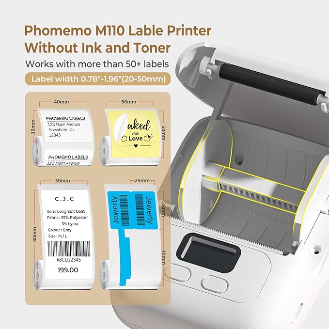 Phomemo M110 Label Makers - Portable Bluetooth Thermal Label Maker Machine,Label Printer for Barcode, Clothing, Jewelry, Retail, Mailing, for Android & iOS, with 1Pack 40×30mm Label, White