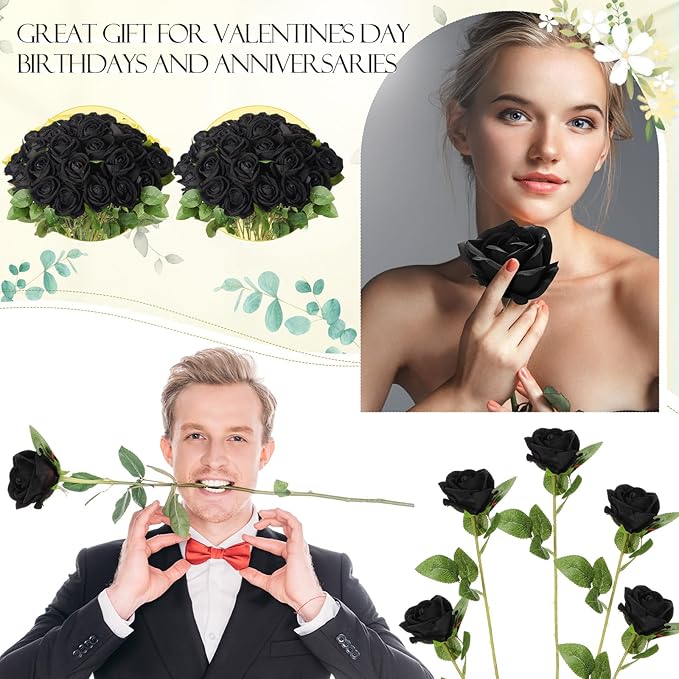 Hotop 80 Pcs Rose Artificial Flowers Bulk with Long Stem, Silk Roses Realistic Fake Flowers Bouquet for Wedding Table Centerpieces Bridal Shower Party Home Decorations(Black)