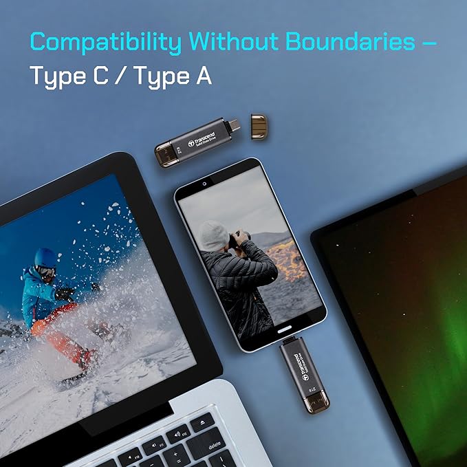 Transcend 256GB External SSD, Up to 1,050MB/s, Dual USB Flash Drive for iPhone&iPad&Mac, Windows&Android, Tablet&PC, Smart TV, USB 3.2 Gen 2 Thumb Drive Photo Stick, 2-in-1 Type C &Type A Memory Stick