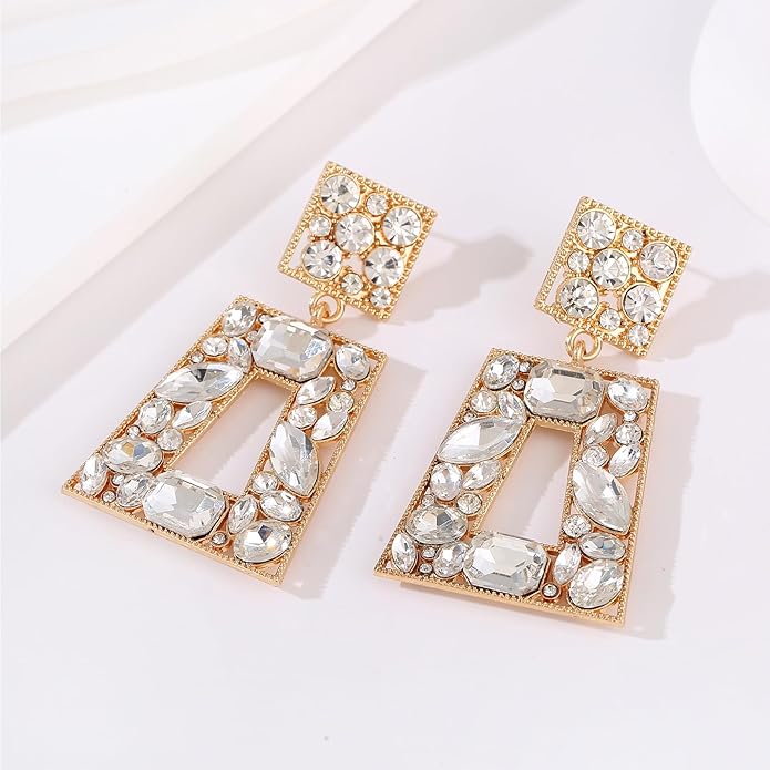 Rhinestone Rectangle Statement Earrings Colorful Crystal Geometric Drop Dangle Earrings for Women Prom Party