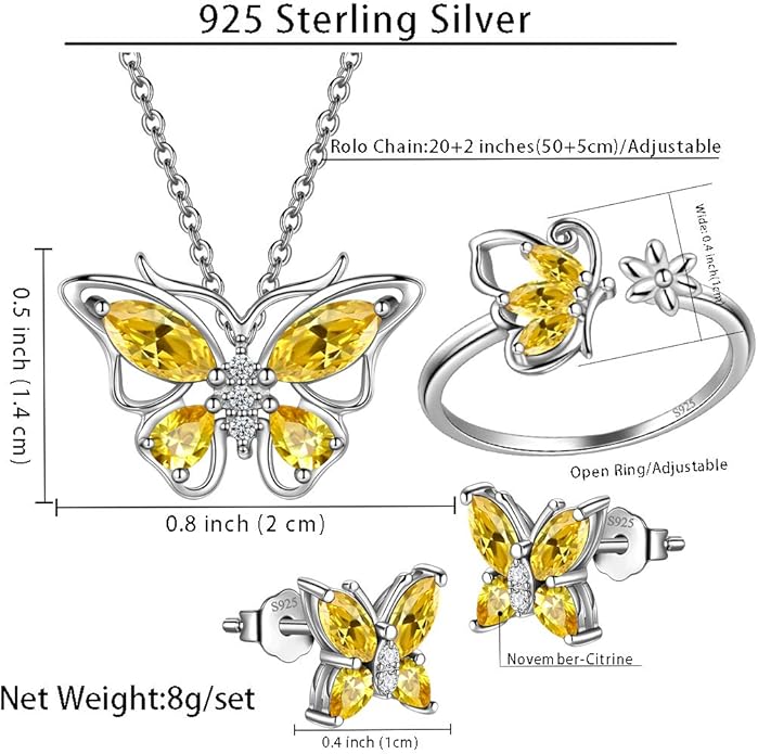 925 Sterling Silver Birthstone Butterfly Jewelry Women Crystal Animal Cute Butterflies Birthday Necklace/Earring/Ring/Bracelet Sets Birth Stone Statement Anniversary Jewellery