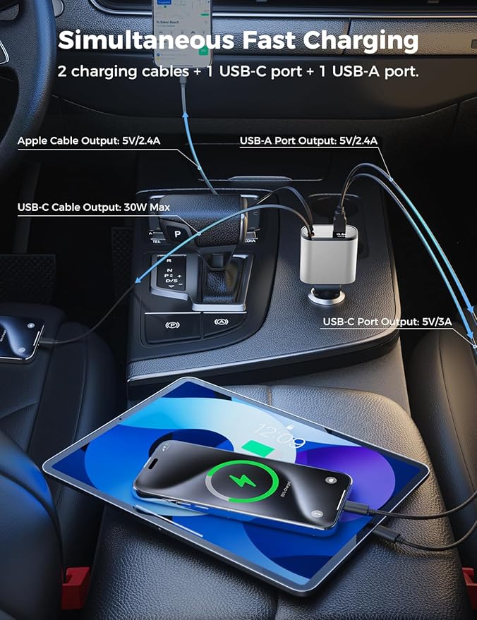 【Upgraded】 SUPERONE Retractable Car Charger 4 in 1, Fast Car Phone Charger with Cord 2.6ft, USB C and Apple Car Charger Adapter, Compatible with iPhone 15/15 Pro Max/14/13/12/11, Galaxy, Pixel