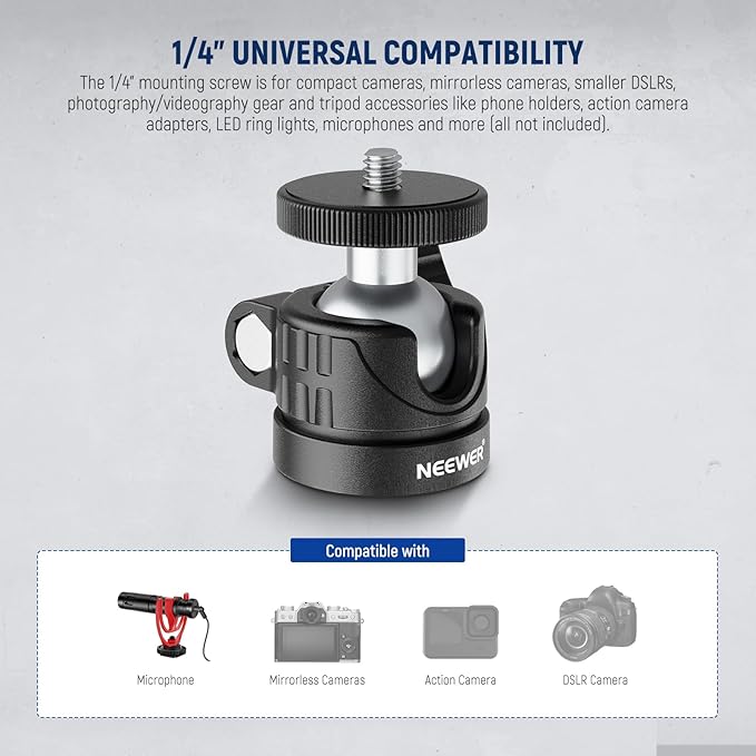 NEEWER Basic Mini Ball Head, Portable Tripod Head Camera Mount Adapter with 1/4" Screw for Compact DSLR Action Cam Phone LED Ring Light Monopod Slider, 4.4lb Max Load, 360° Swivel & 90° Tilt, GM01