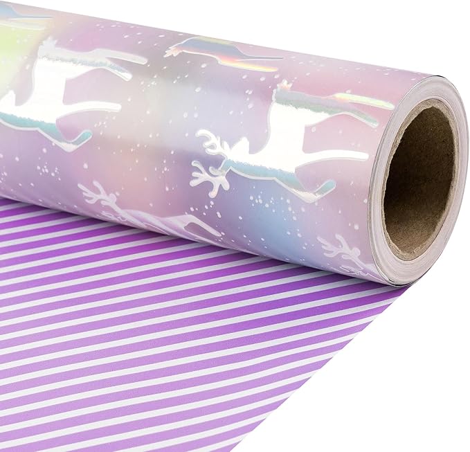 RUSPEPA 30" X 32.8' Reversible Christmas Wrapping Large Paper Roll, Colorful Foil Pastel Reindeer Design and Purple Stripes, Dreamy Gift Wrap for Girls, Women, Friends, Xmas Holiday Gifts
