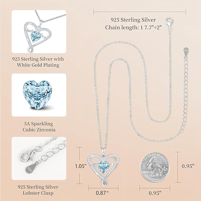 Infinity Necklace for Women, 925 Sterling Silver Heart Necklace with 5A Zircon, White Gold Plated Adjustable Chain, Gift for Valentine's Day, Birthday, Anniversary for Wife, Girlfriend, Mom
