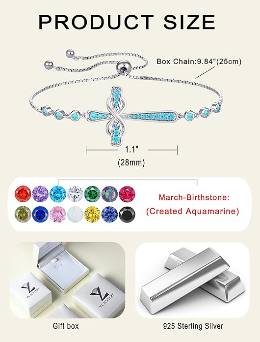 YL Cross Bracelet 925 Sterling Silver Infinity Sideways Link Bracelet Birthstone Jewelry for Women
