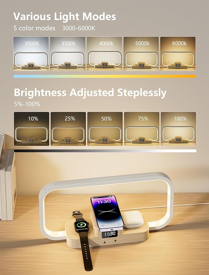 LED Bedside Lamp with Wireless Charger, 3-in-1 Touch Control Table Lamp with Clock, Dimmable Nightstand Lamp with 5 Color Modes, Modern Bedroom Desk Lamp, Gift for Women & Men,Wooden,Adapter Included