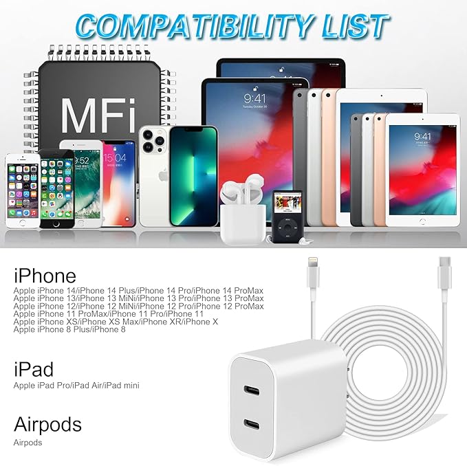 iPhone 14 Super Fast Charger,Dual Port USB C Chargers,iPhone Charger Fast Charging Block,Quick Apple USB C Wall Adapter Plug,2Pack Type C Lightning Cable For iPhone 14/13/12/11/ProMax/MiNi/XR/SE/8Plus