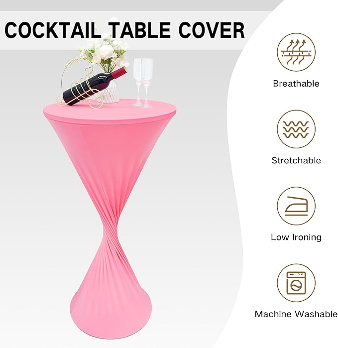 2PCS 24x43 Inch Round Fitted Cocktail Table Cover Pink Spandex Cocktail Table Cloth Highboy Fitted Tablecloth High Top Table Cloths for Party Pub Banquet Bistro