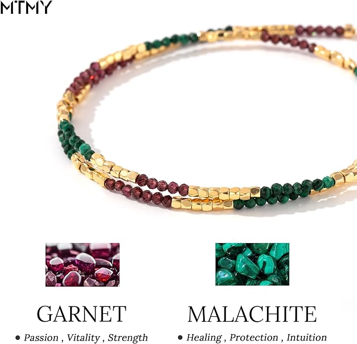 MTMY Beaded Gemstone Choker Necklace for Women, 14K Gold Plated Boho Colorful Natural Stone Bead Chain Necklace Summer Beach Handmade Jewelry
