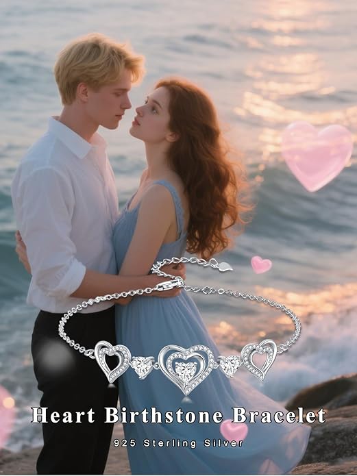 Birthstone Charm Link Bracelet 925 Sterling Silver Rose/Heart/Mom Bracelet with 12 Months Birthstone Mother's Day Gift Jewelry Gifts for Women,Chain Length 7"+2" Extend