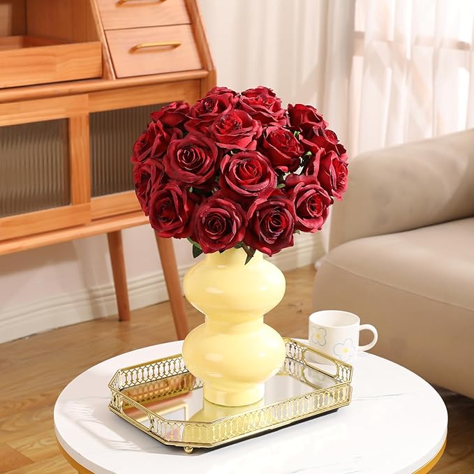 Tifuly 100 Pcs Red Roses Artificial Flowers Bulk, Realistic Long Stem Fake Silk Roses Bouquet for Wedding Centerpiece Table Vases Party Home Kitchen Decor（Burgundy）