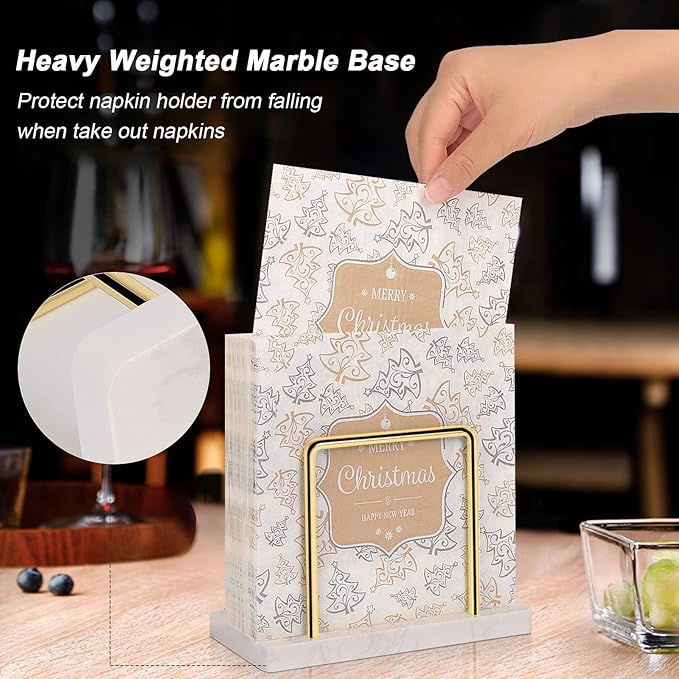 Livabber Napkin Holder, Metal Napkin Storage Modern Freestanding Tissue Paper Dispenser for Table Kitchen Countertop (Marble Base, Gold)