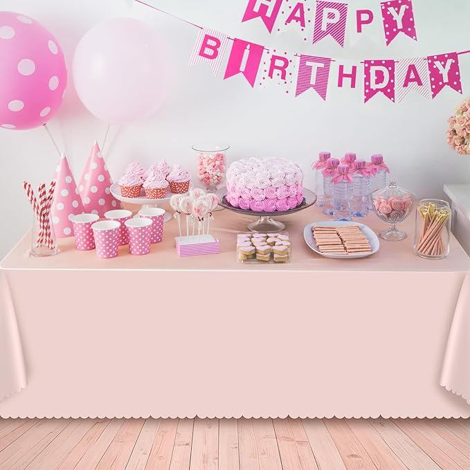 6 Pack Plastic Light Pink Tablecloth, 54 X 108Inch Party Table Covers Pink Scalloped Table Cloths for Rectangle Tables Disposable Tables Cover for Picnic Baby Shower Tea Party Wedding Bridal