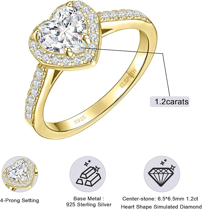 Elspeth 925 Sterling Silver Heart Engagement Ring for Women Heart Cut Cubic Zirconia Promise Ring Size 4-10